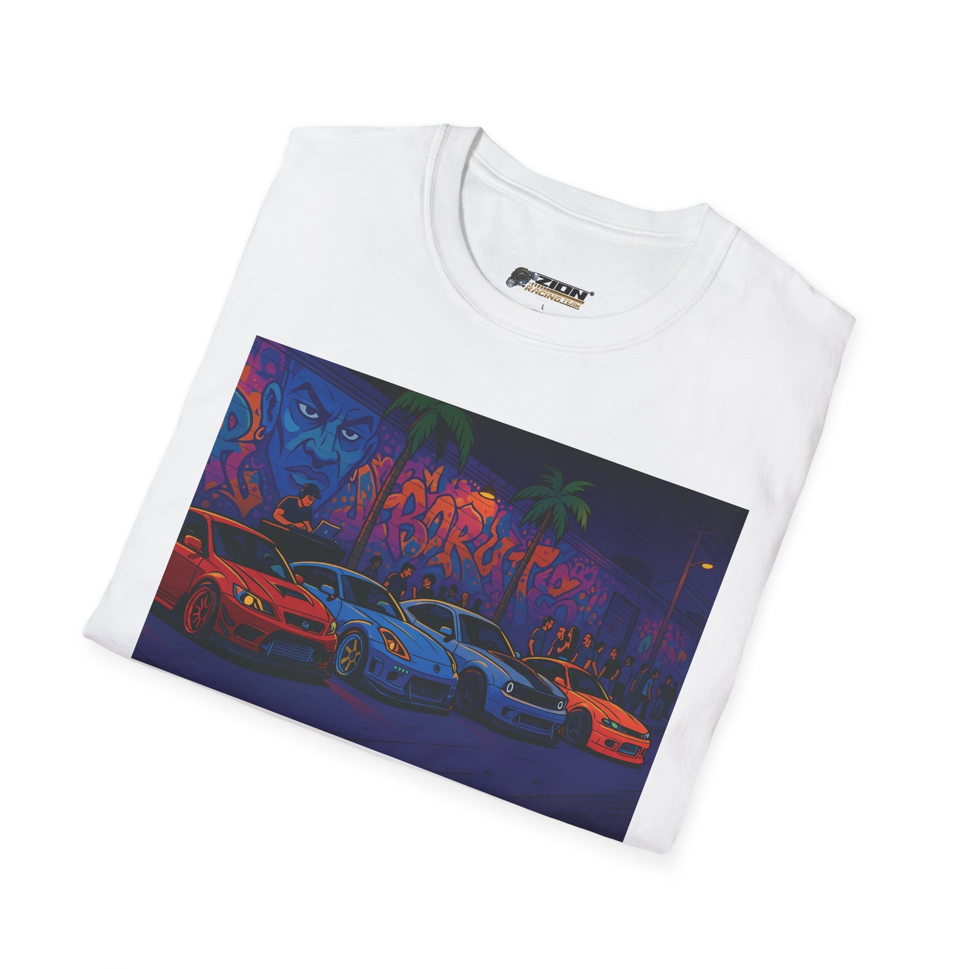 Neon Graffiti Car Art T-Shirt, Cool Urban Fashion Tee, Graphic Tee for Car Lovers, Street Style Apparel, Gift for Him/Her