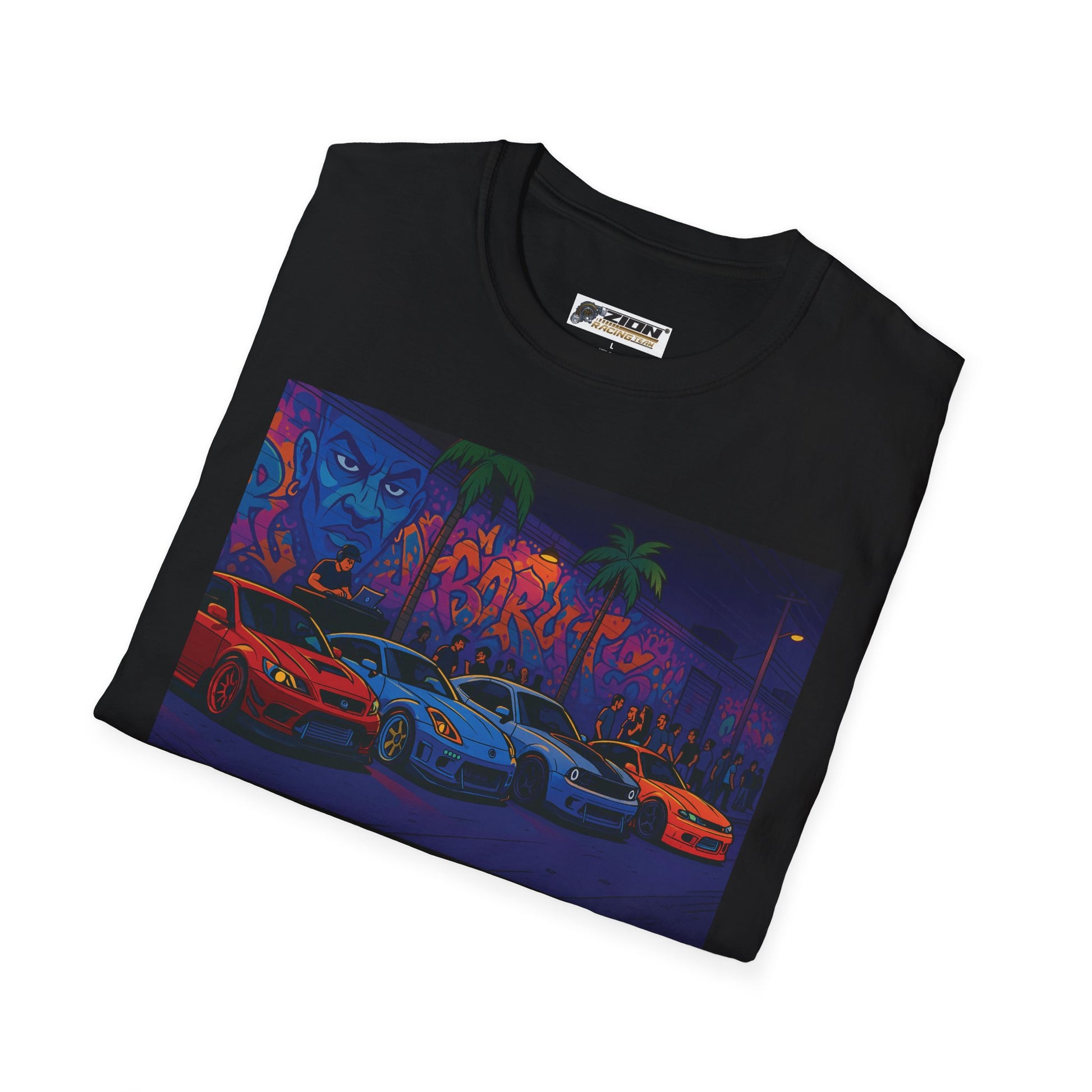Neon Graffiti Car Art T-Shirt, Cool Urban Fashion Tee, Graphic Tee for Car Lovers, Street Style Apparel, Gift for Him/Her